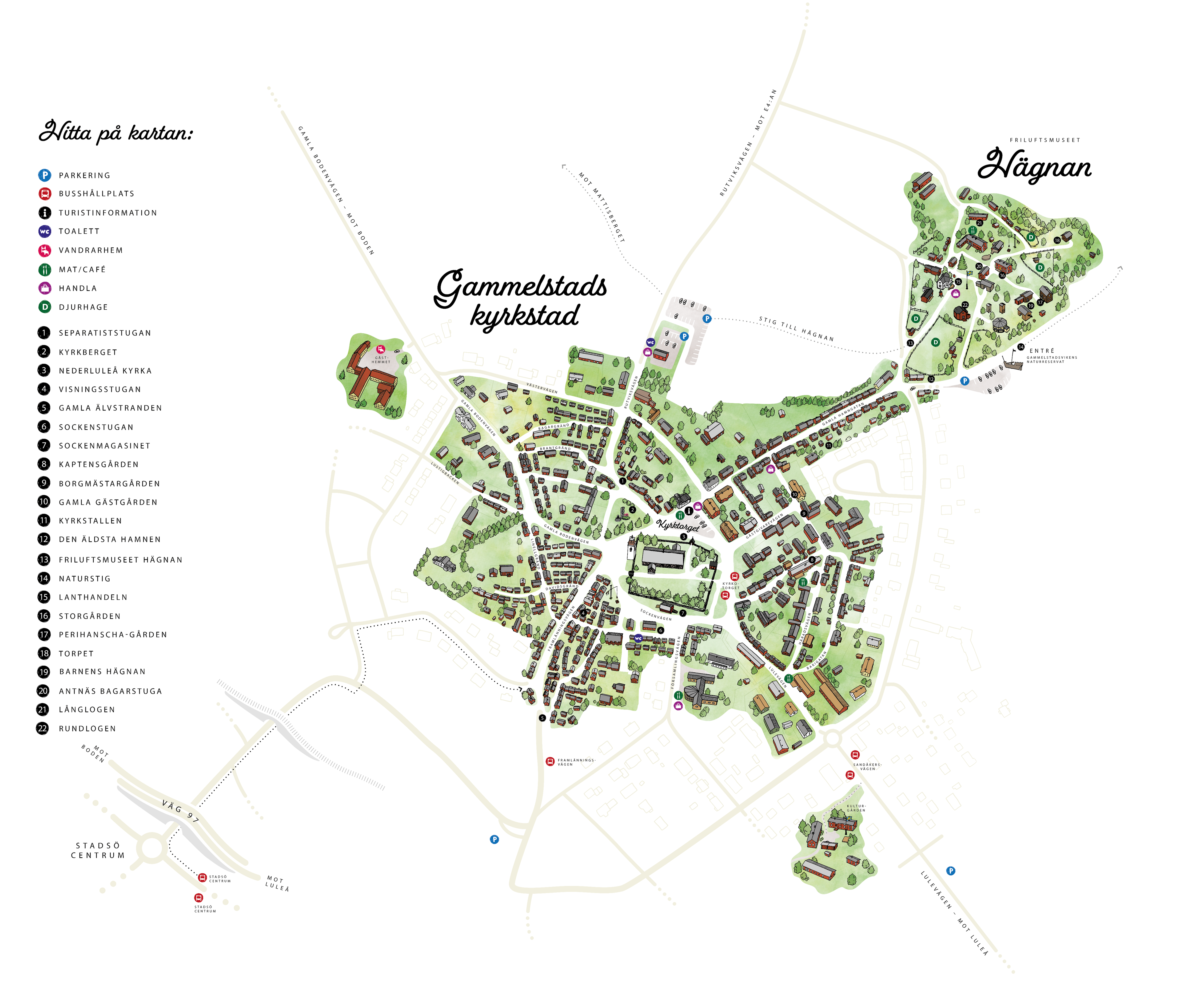 Bilden föreställer en karta över området Gammelstads kyrkstad och Friluftsmuseet Hägnan.